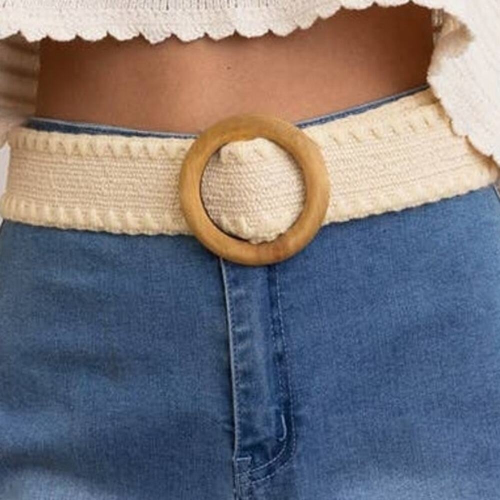 Boho Raffia Whipstitch Belt Ivory Wooden Buckle